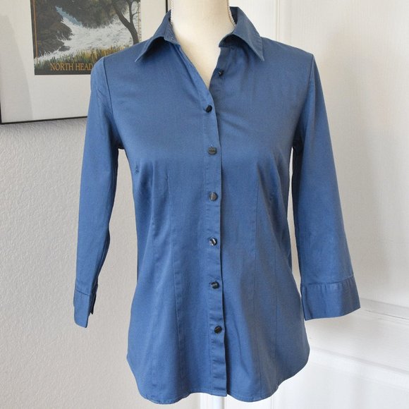 Van Heusen Studio Blue Button-Down Stretch Blouse with Gathered Back - Picture 1 of 10